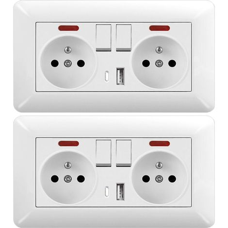 Lot de 2 Prise Électrique Murale Double 16A – Double Interrupteur avec LED, 1 USB + 1 Type C, Prise Encastrable 240V pour Maison et Bureau (1/4)