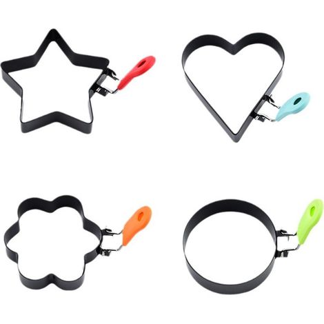 4 moules à œufs antiadhésifs -Avec poignées en silicone - rondes + cœur + fleur + étoile (1/5)