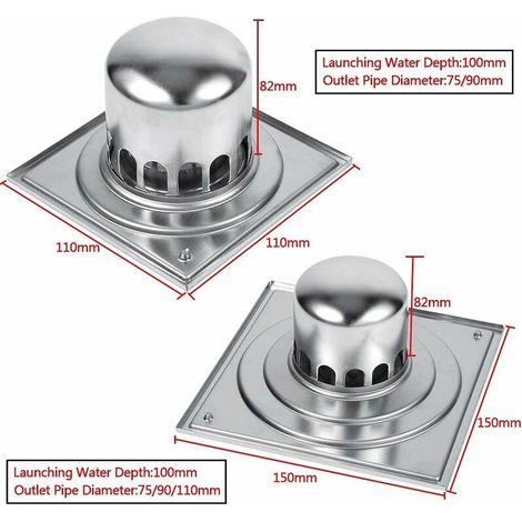 SJLERST Scarico a pavimento quadrato in acciaio inox, antiodore per doccia e bagno, diametro grande (150 mm) (1/3)