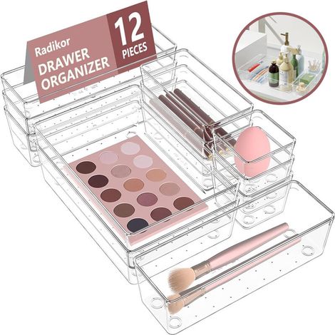 Set mit 12 Schubladen-Organizern, transparente Kunststoff-Aufbewahrungsboxen, Kosmetik-Organizer, Aufbewahrungsboxen in 4 Größen für Badezimmer, LEGO, Schminktisch, Küche und Büro