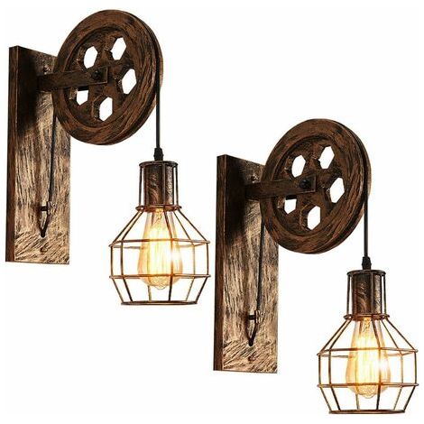 2 Industrial Wall Sconces with Pulley – Vintage Wall Lamps, Indoor Fixtures for Bedroom, Living and Dining Room – Brass (1/4)