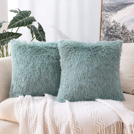 Lot de 2 Housse de Coussin de Canapé Fourrure de Luxe Decoration canapé Maison Chambre Lit Super Doux Peluche Taie d'oreiller Décorative 40X40cm (Bleu d'eau) (1/2)