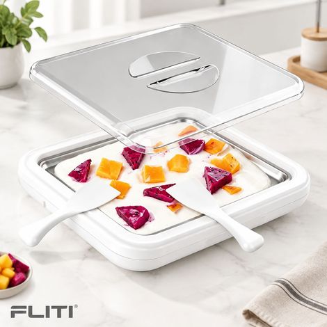FLITI- Machine à Glaces Roulées Acier Inoxydable 304 avec Couvercle Transparent et 2 Spatules, Blanc, L