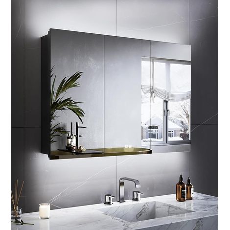 Armoire de salle de bain avec miroir, éclairage, 100 x 60 x 13 cm, avec prise de courant, avec LED et capteur tactile, anti-buée, 3 températures de couleur, intensité variable en continu, noir (1/5)