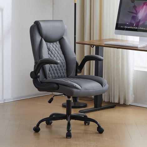 Sedia da Ufficio Ergonomica, Regolabile in Altezza, con Supporto Lombare e Braccioli Ribaltabili, Pelle Grigia (1/5)