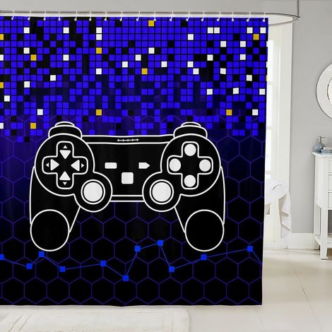 Rideau de Douche Gaming 180x200cm Garçon, Rideau de Bain Joueur Moderne, Rideau de Baignoire Manette de Jeux Vidéo, Rideau Salle de Bain Nid d'abeille Hexagonale Géométrique, Bleu Noir - 180L X 200H c (1/5)