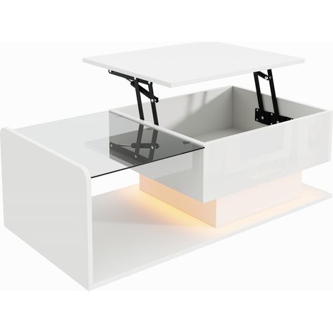 Table basse blanche laquée avec plateau en verre trempé et éclairage LED réglable (1/5)