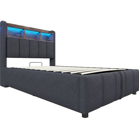 Cama tapizada 90x200 cm con LED, USB y almacenamiento hidráulico, gris, con colchón (1/5)