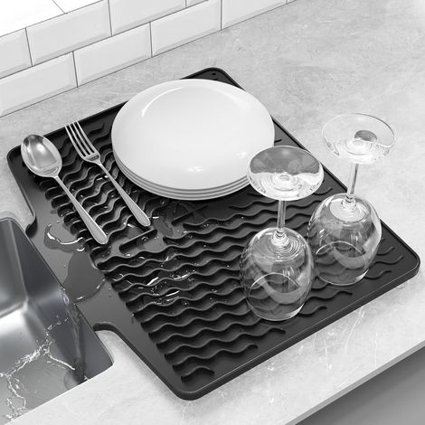 Tapis de séchage vaisselle en silicone avec rebord anti-débordement, 15,8 x 13 pouces, drainant pour plan de travail de cuisine, patère de séchage pour évier, lot de 1, réutilisable et antidérapant (1/5)