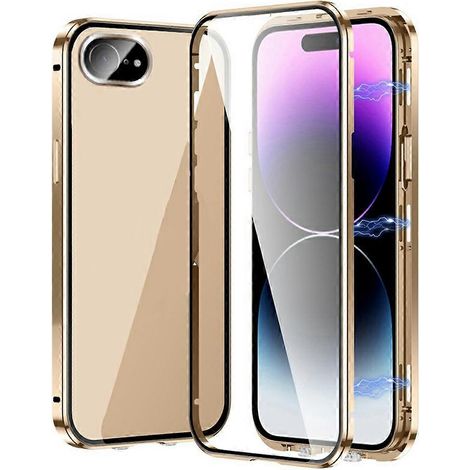 För iPhone 16e-fodral Magnetiskt adsorption Dubbelsidigt härdat glas + metalltelefonskal med spänne Guld (1/5)