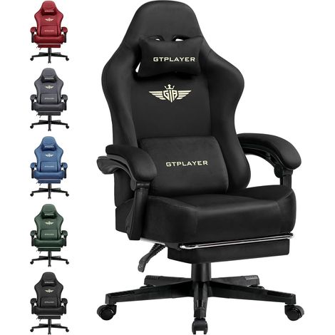 GTPLAYER Chaise de Gaming - Respirante - Ergonomique - Tissu de qualité supérieure - Ergonomique - Dossier réglable à 160° et Repose-Pieds Extensible - Noir