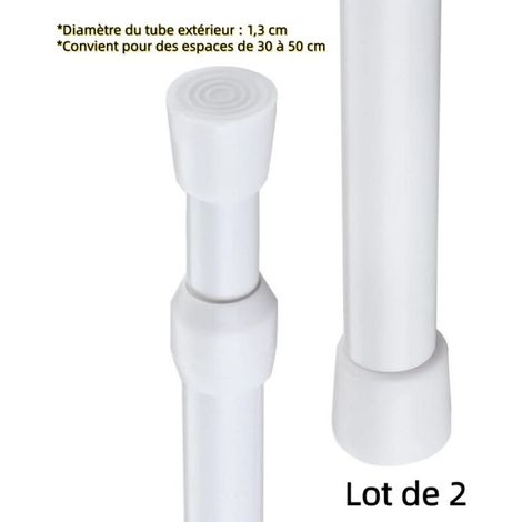 Lot de 2 barres télescopiques à ressort multifonction blanches, extensibles de 30 à 50 cm, pour armoires, étagères, rideaux de douche et projets DIY, sans perçage (1/5)