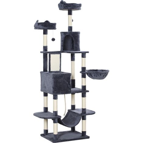 Arbre à chat 206 cm avec cabane, 2 balles de jeu, poteaux en sisal, plateformes pour grandes chats, gris foncé (1/5)