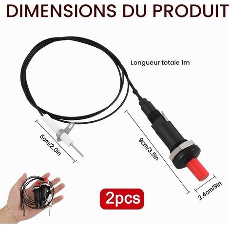 Allumeur Piézo Lot de 2, Allumage Piézoélectrique avec Bouton Poussoir et Câble 1 m, Générateur d’Étincelles Résistant à la Chaleur en ABS pour Gazinière, Barbecue et Appareils à Gaz (1/5)