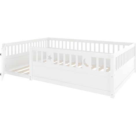 Lit enfant avec barrière 140 x 190 cm en pin blanc, étoiles et lune (1/5)