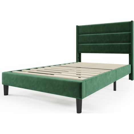 Cama tapizada 90 x 200 cm de terciopelo verde oscuro con somier de láminas y cabecero (1/5)
