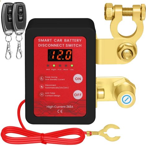Disjoncteur de batterie télécommandé sans fil - 12 V - 240 A - Interrupteur d'arrêt automatique - Coupe circuit batterie pour voiture, camping-car, ATV, camion, bateau (Avec affichage LED) (1/5)