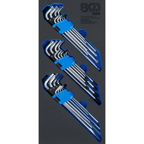BGS Werkstattwageneinlage 1/3: Winkelschlüssel-Satz extra lang T-Profil (für Torx) / T-Profil (für Torx) mit Bohrung / Innensechskant 27tlg. - 74259 (1/3)
