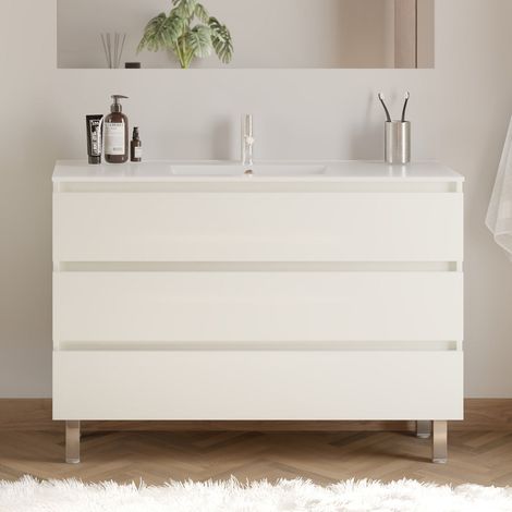 Meuble de salle de bain 120cm simple vasque - 3 tiroirs - sans miroir - blanc brillant - MAYOR (1/4)