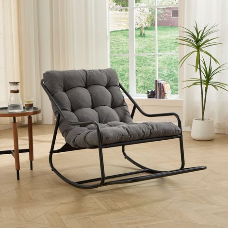 Fauteuil à bascule extérieur cadre noir coussin épais doux gris-Ha.