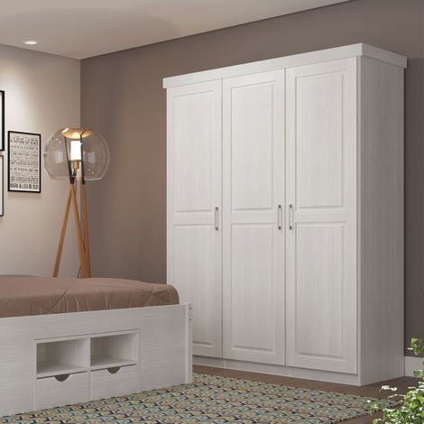 M&S – Armoire 3 portes en pin massif laqué blanc – Dimensions 140x55x190 cm – Penderie et étagères intérieures – Finition contemporaine