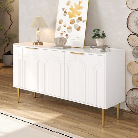 Buffet 140 x 38 x 75 cm, meuble de rangement salon, MDF blanc, pieds métal doré, 4 portes (1/5)