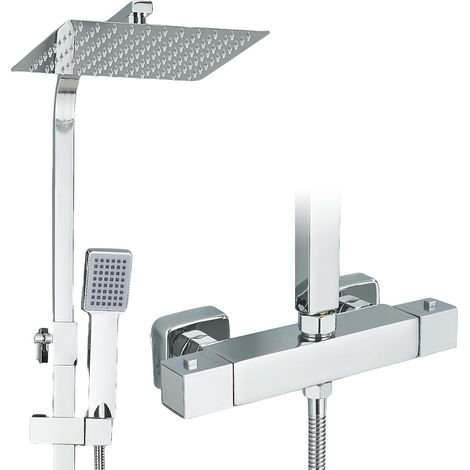 1 Colonne De Douche Thermostatique, Pommeau Carré 25x25cm, Douchette Main, Acier Inoxydable, Salle De Bain
