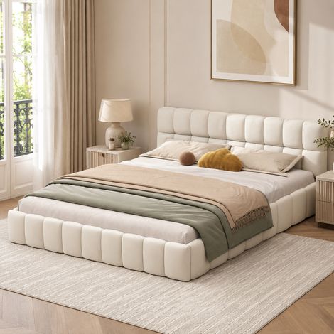 Lit double 160 × 200 cm, design encastré, cadre de lit 160 × 200, rembourrage en mousse haute densité, lit capitonné, style moderne, sommier à lattes, lit adultes,lit ados, Lin, Beige (1/5)