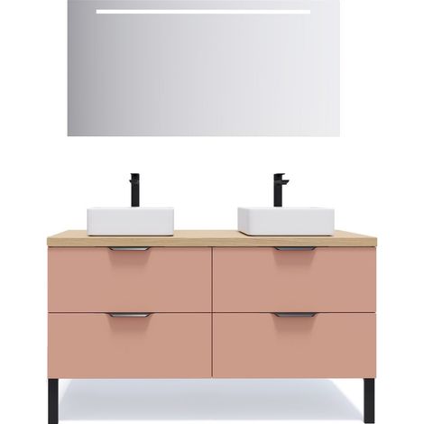 Meuble de salle de bain suspendu 2 vasques à poser 140cm 4 tiroirs Abricot + miroir - Soho (1/5)