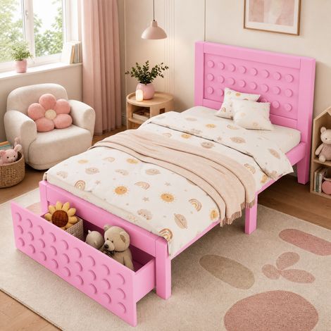 DESMIU Lit Simple 1 Place avec Tiroir, Rangement Sous Lit et Bords Biseautés 90 × 200 cm, Sans Matelas, Rose (1/5)