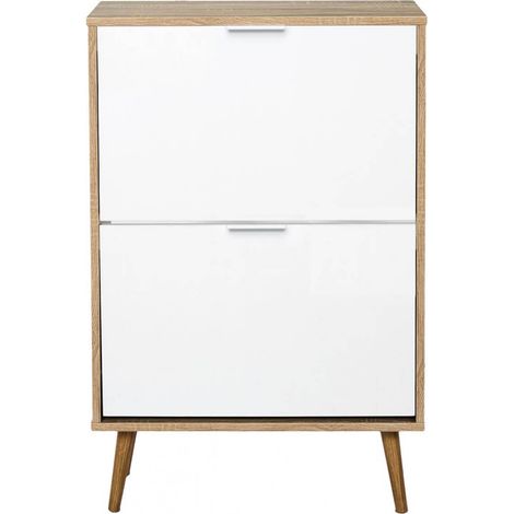 Altobuy – Meuble à chaussures 2 portes blanc effet bois – Dimensions 60x23,5x91,5 cm – Structure panneaux particules – Rangement 12 paires (1/3)