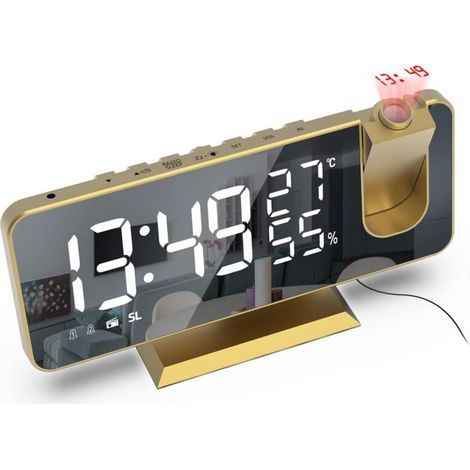 Réveil projecteur, radio-réveil avec température, humidité, écran LED miroir 7,5 pouces, double réveil avec répétition, luminosité de l'écran à 4 niveaux avec fonction de gradation automatique XXW (1/4)