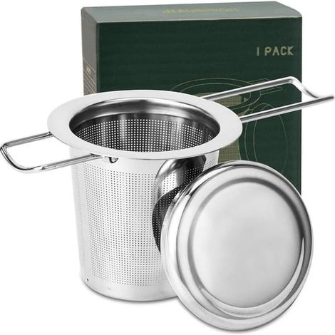 Infuseur à thé en acier inoxydable 304 avec couvercle et poignée pliable, filtre à thé pour théières, tasses et mugs, idéal pour infuser le thé en vrac (1 pièce) (1/5)