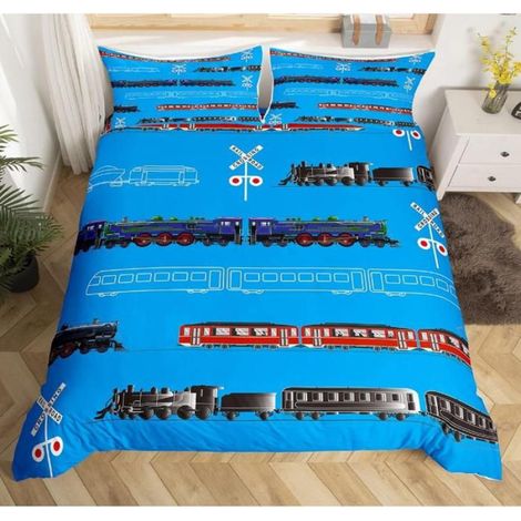 Housse De Couette - Microfibre - Imprimé Train Rétro - Pour Enfant - 140x200 cm - Avec 2 Taies Doreiller 65x65 cm (1/4)