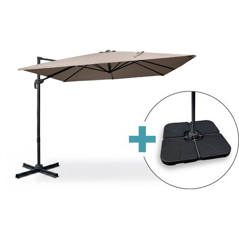 Ampelschirm 3 x 3 m Taupe aus Aluminium NAVAGIO - 360° drehbar und neigbar + Beschwerungsplatten