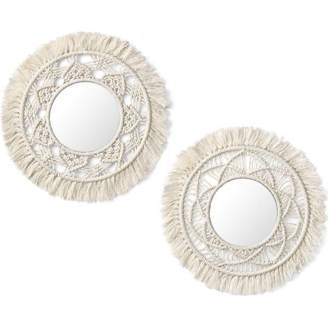 Miroir mural suspendu avec franges en macramé, lot de 2 petits miroirs ronds décoratifs style bohème antique pour appartement, salon, chambre, chambre de bébé, idées cadeaux magnifiques (1/5)