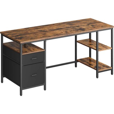 Bureau d’ordinateur table avec rangement 3 étagères 2 tiroirs 60 x 140 x 76 cm pour bureau salon style industriel marron rustique et noir