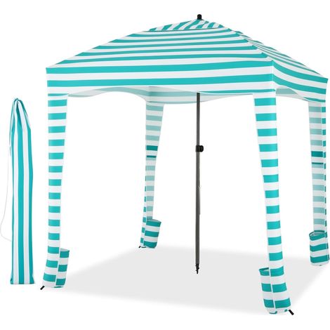 COSTWAY Tente Cabane de Plage Pliable avec Sac de Transport, Auvent de Plage Portable avec Paroi Latérale Amovible 8 Sacs de Sable Protection Solaire, pour Plage Terrasse, Vert+Blanc (1/2)