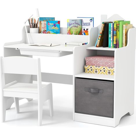 COSTWAY Bureau Enfant Garçon Fille avec Chaise & 2 Compartiments, Table Enfant avec Tiroir & Bac de Rangement en Tissu, Étagères Ouvertes, Table à Dessin pour 3 Ans+, Charge 20/50kg (Blanc)