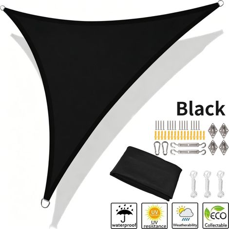 (Noir, accessoires d'installation inclus, 250x250x250CM) Voile d'ombrage triangulaire, imperméable et résistante aux UV, adaptée aux terrasses de jardin extérieures. (1/5)