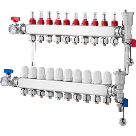 Mophorn 10-Zweig-Wärmeverteilungsverteiler, 1/2-Zoll-PEX-Rohrverteiler, Edelstahl-PEX-Verteiler für hydronische Fußbodenheizung, Wärmeverteilungs-PEX-Verteilersatz mit 1/2-Zoll-Adaptern (1/5)