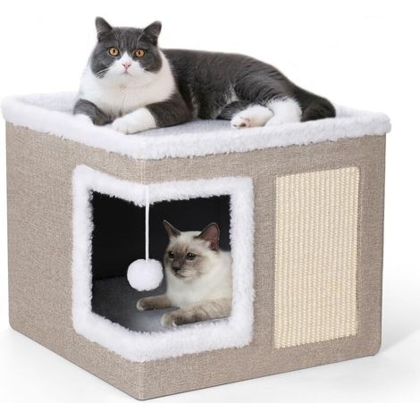 Katzenbett für drinnen, großes Katzendach mit Kratzbaum, faltbare Höhlenbett und Versteckwürfel mit doppelseitigen Kissen, bezauberndes Katzenhaus