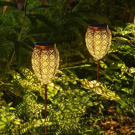 Lot de 2 lampes solaires en métal pour extérieur jardin avec étanchéité IP65 - Blanc chaud - LED orientales - Pour terrasse, balcon, décoration de Noël (1/5)