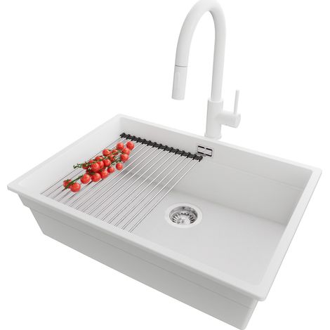 PRIMAGRAN Evier Cuisine en Granit 66x47cm, Lavabo 1 bac + Robinet 40x20cm + Kit de Vidage + Accessoire, Évier à Encastrer au meuble 70cm - Prague Slim, Blanc (1/5)