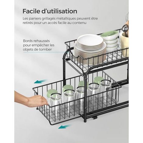 Etagere Sous Evier - Organiseur Cuisine 2 Paniers Coulissants Acier Noir - Rangement Placard Salle De Bain - 1 Unite (1/5)