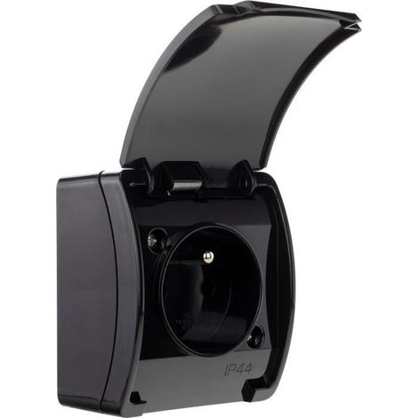Prise étanche simple avec terre (2P+T) à clapet noir IP44 KOALA