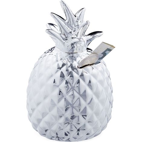 Relaxdays Pineapple Savings Banks, Lockable Ceramic Money Box, 2 Keys, Tropical Piggy Bank, H x D 16 x 9 cm, Silver
