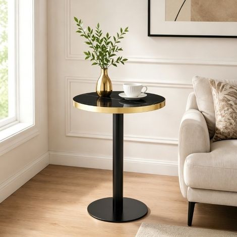Runder Beistelltisch 60 cm Marmoroptik, MDF-Platte, Metallgestell Schwarz und Gold OKMYHOME (1/5)
