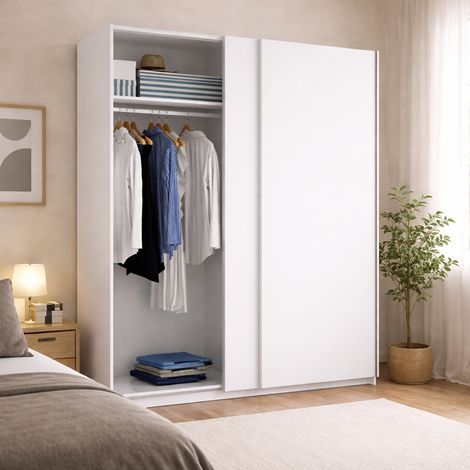 Dmora - Armario Dlazovi, Perchero para dormitorio, Armario con 2 puertas correderas, 150x65h204 cm, Blanco (1/5)