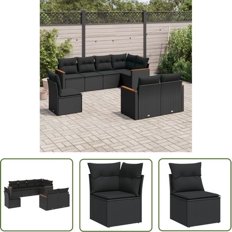 The Living Store Salon de jardin 8 pcs avec coussins noir résine tressée - Ensemble Salon De Jardin - Mobilier De Jardin - Salon Extérieur - Résine Tressée - Fauteuil De Jardin (1/5)